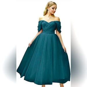 Peacock tulle with bead detail, tea-length formal/prom dress